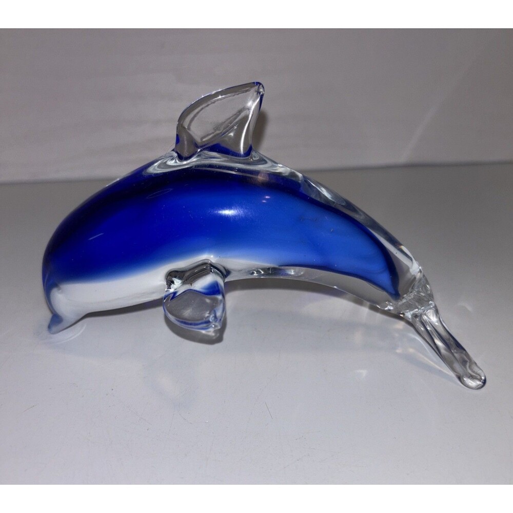 Art Glass Handblown  Clear Blue Dolphin  6”